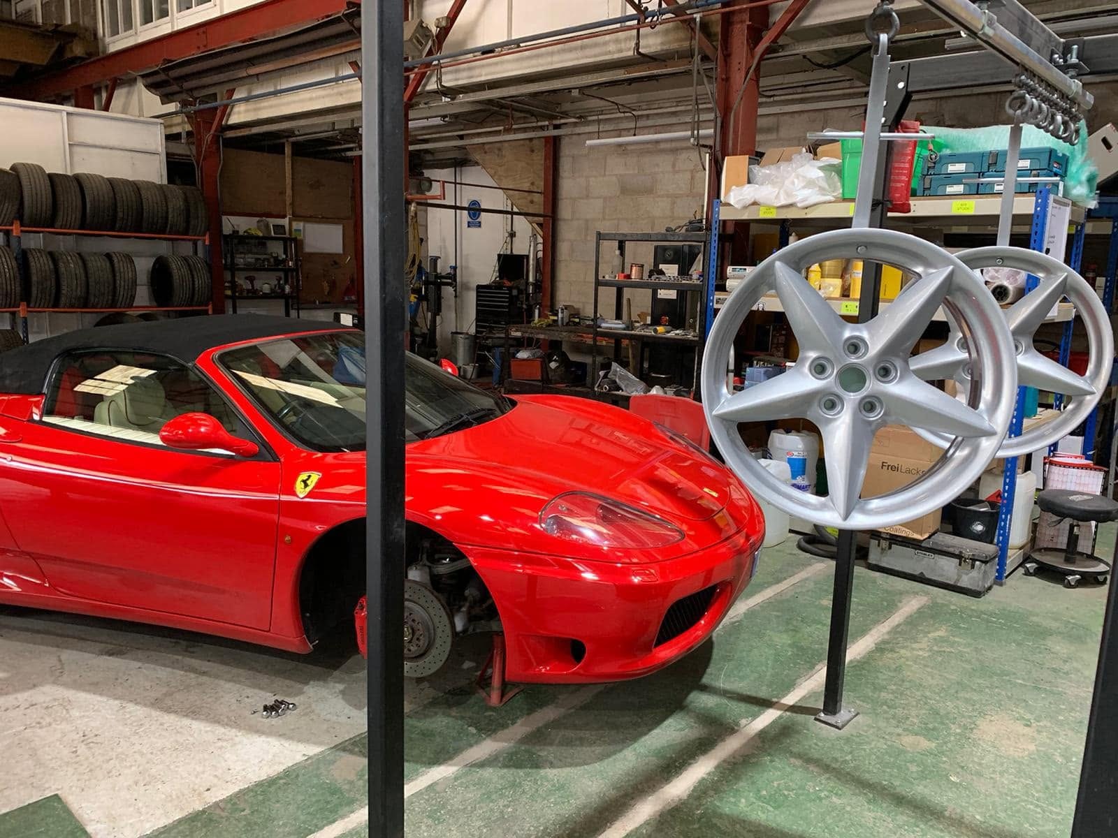 Vehicle in the WheelMaster workshop with its wheels removed